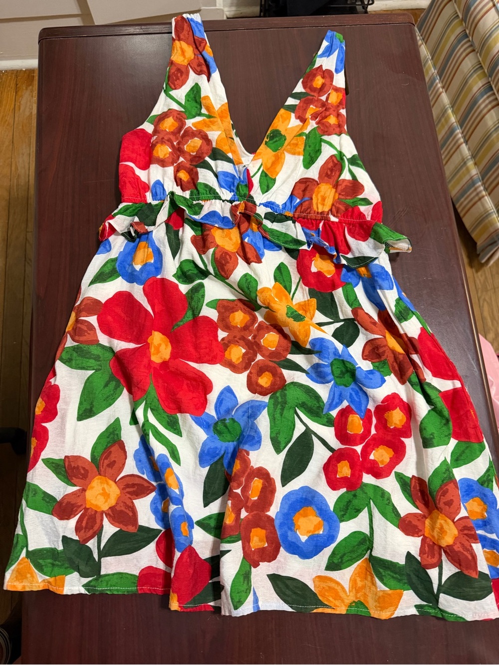 Lush White Floral Mini Dress with Red, Blue, Orange & Green